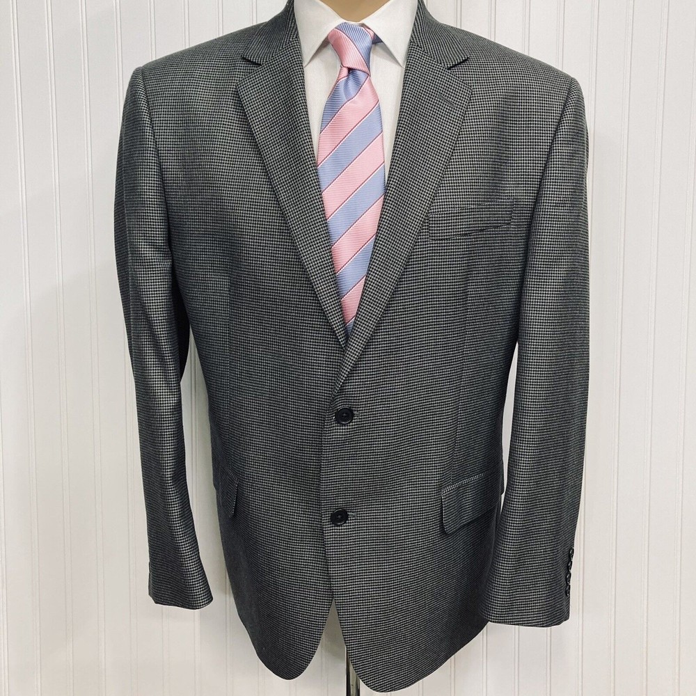 ANDREW FEZZA Blazer Mens 44 Silver Houndstooth Black Sport Coat Suit Jacket 44R